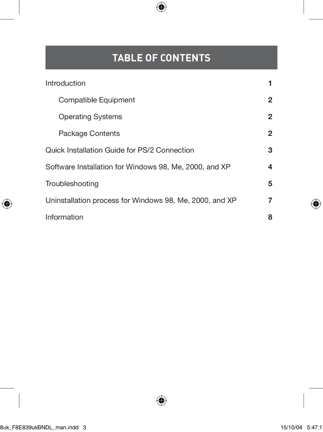 Belkin F8E839UKBNDL user manual Table of Contents 