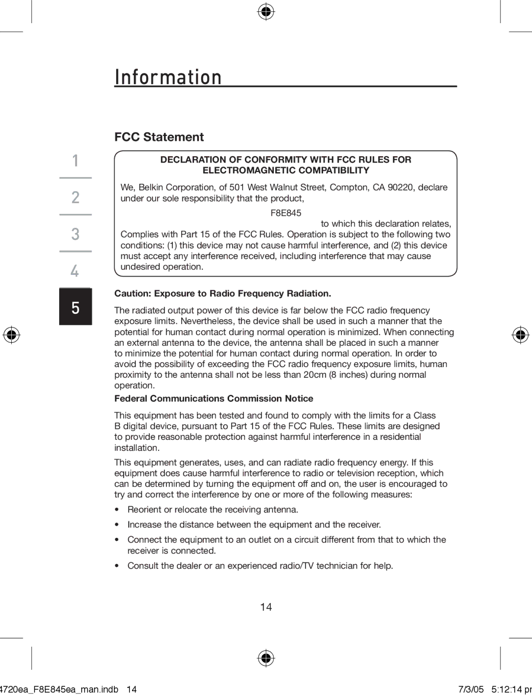 Belkin F8E845ea manual Information, Federal Communications Commission Notice 