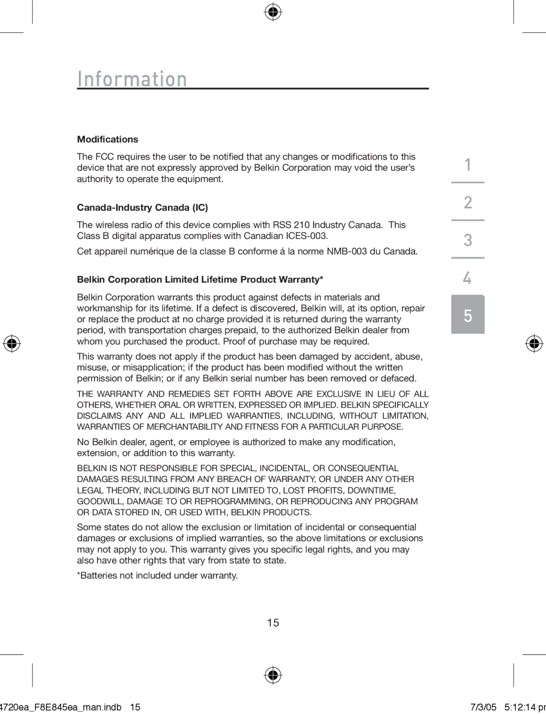 Belkin F8E845ea manual Information, Modifications, Canada-Industry Canada IC 