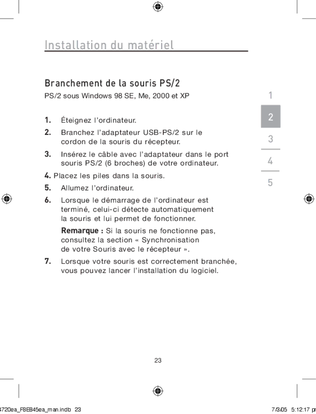 Belkin F8E845ea manual Branchement de la souris PS/2 