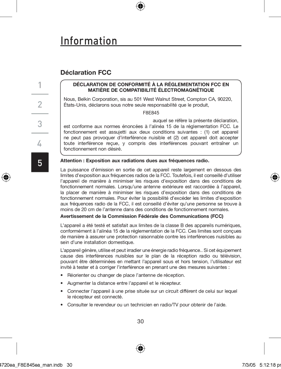 Belkin F8E845ea manual Déclaration FCC 