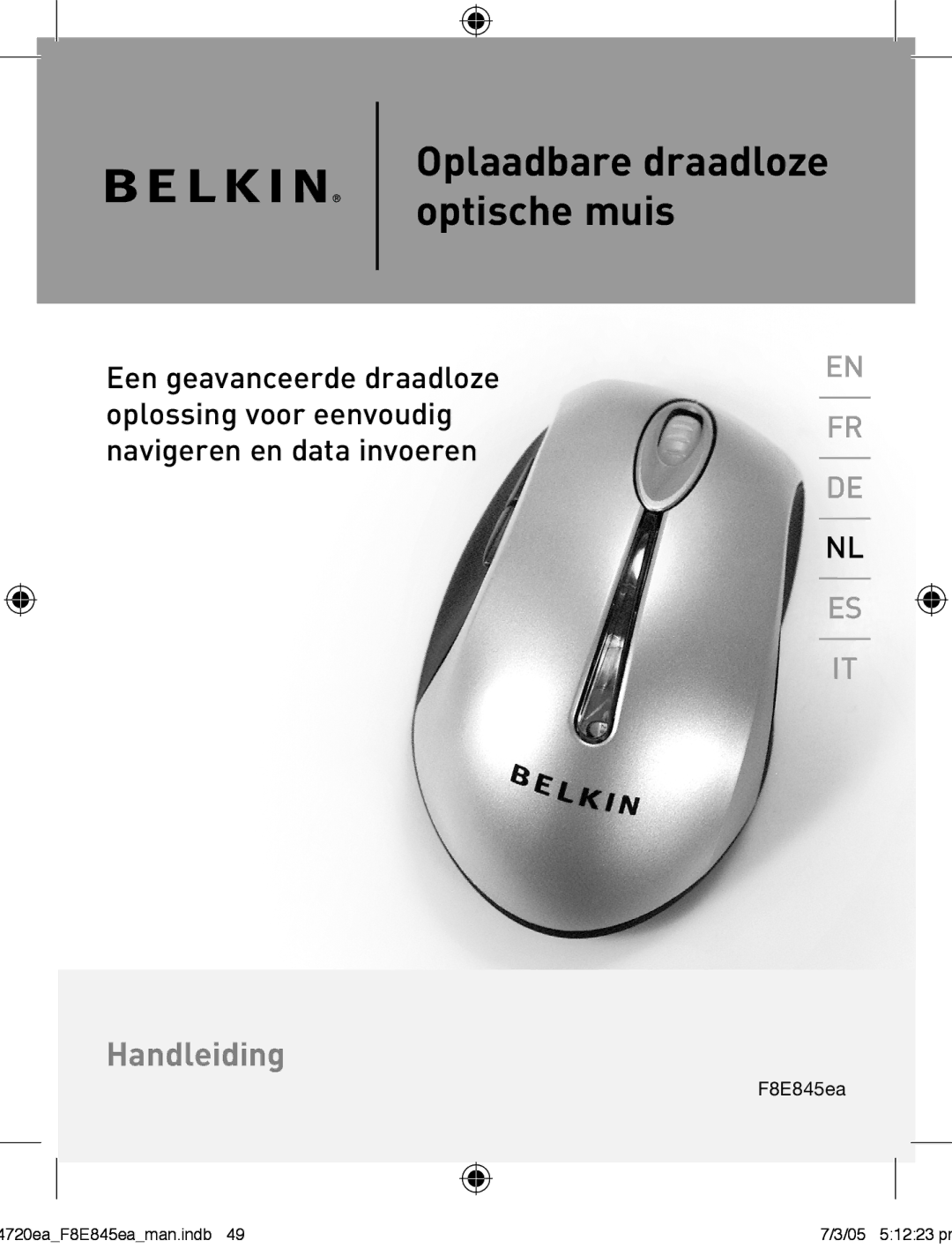 Belkin F8E845ea manual Oplaadbare draadloze optische muis 