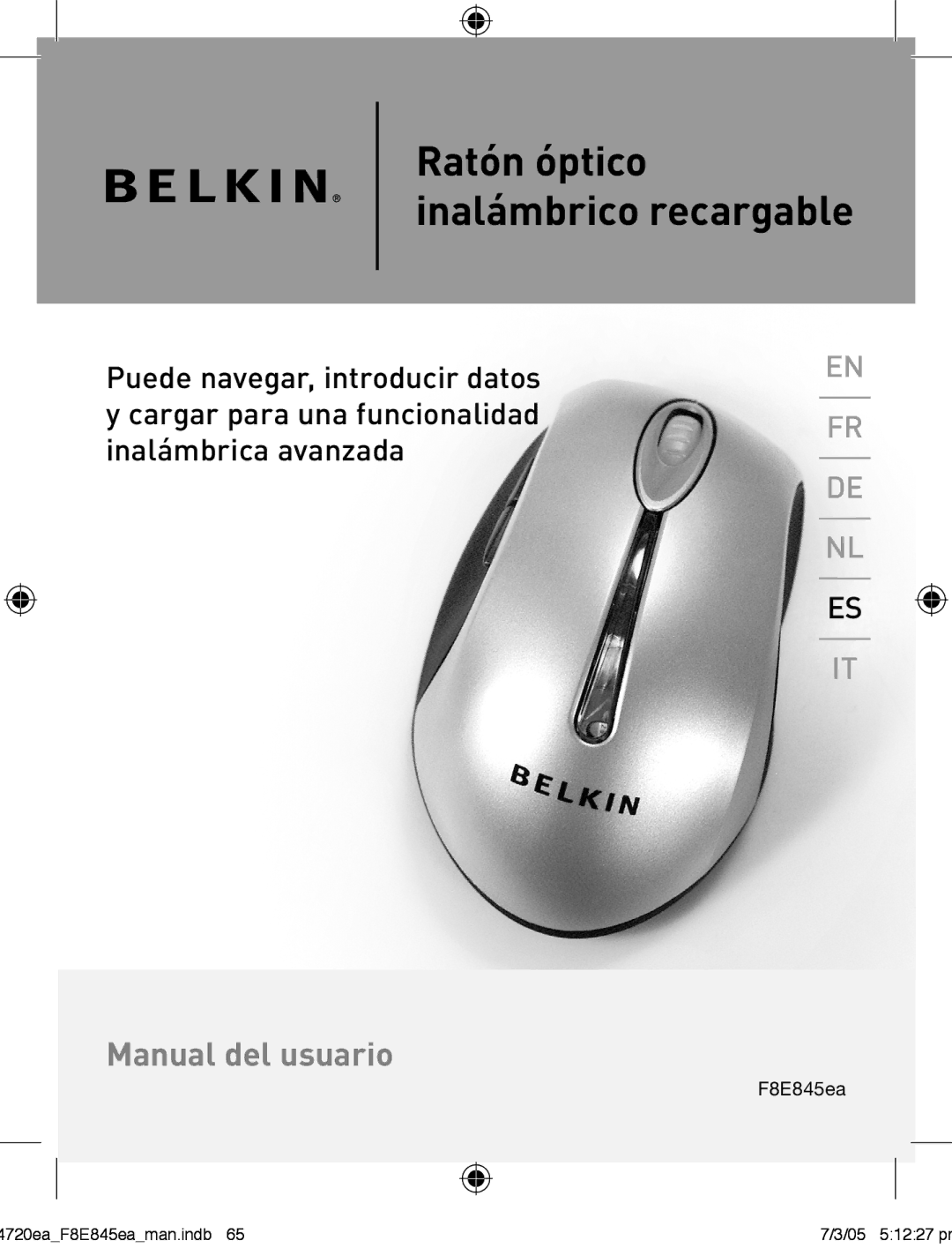 Belkin F8E845ea manual Ratón óptico inalámbrico recargable 