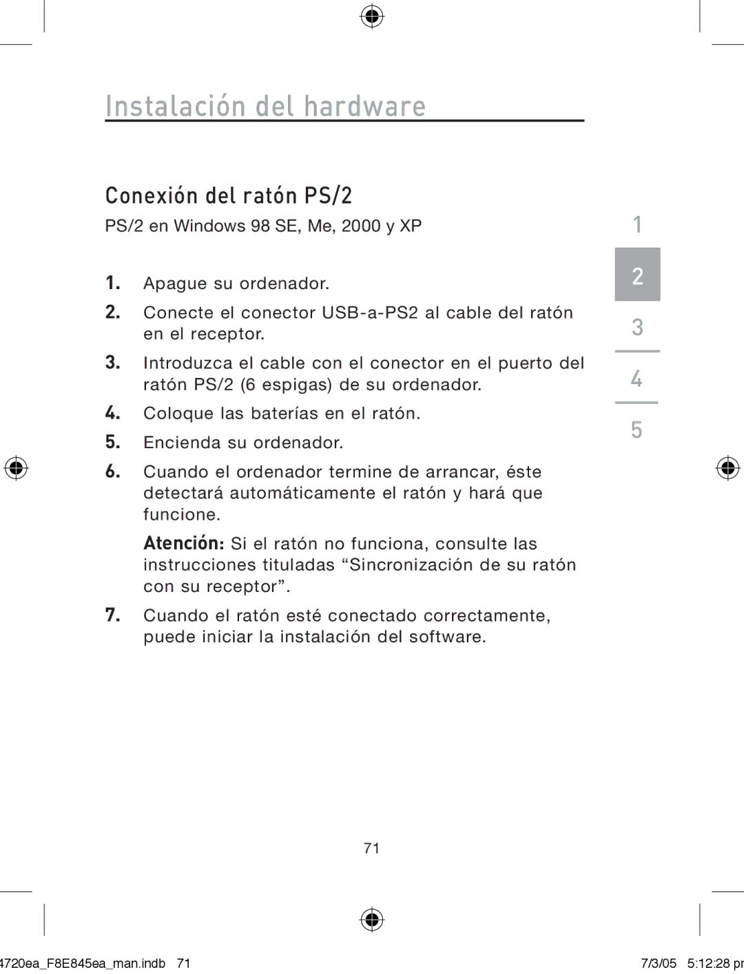 Belkin F8E845ea manual Conexión del ratón PS/2 