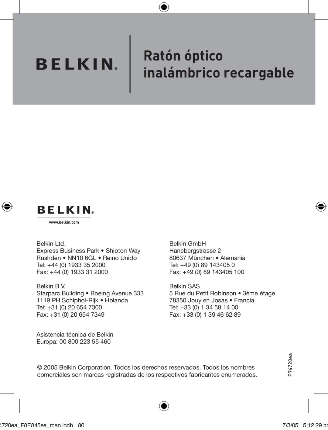 Belkin F8E845ea manual Ratón óptico inalámbrico recargable 