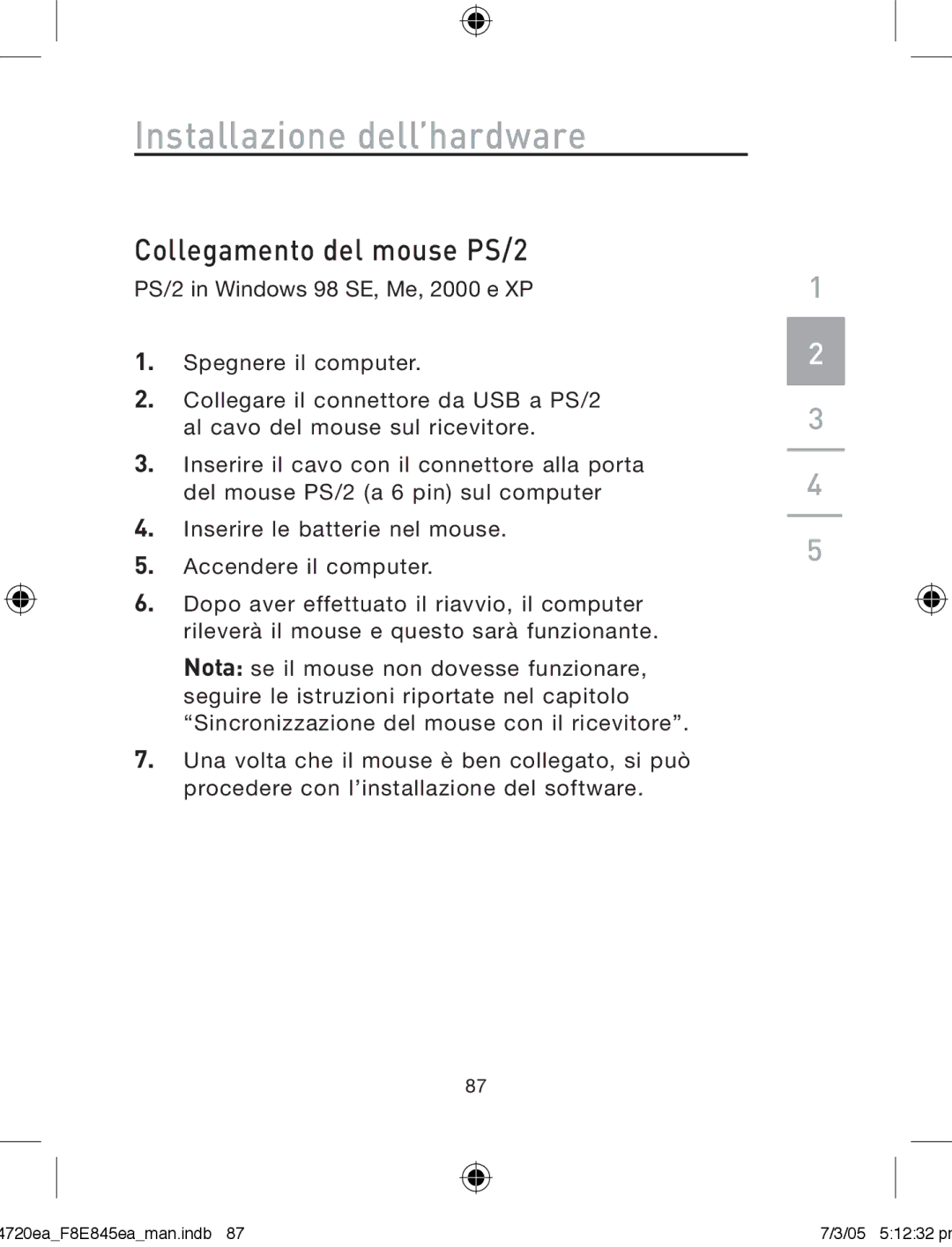 Belkin F8E845ea manual Collegamento del mouse PS/2 