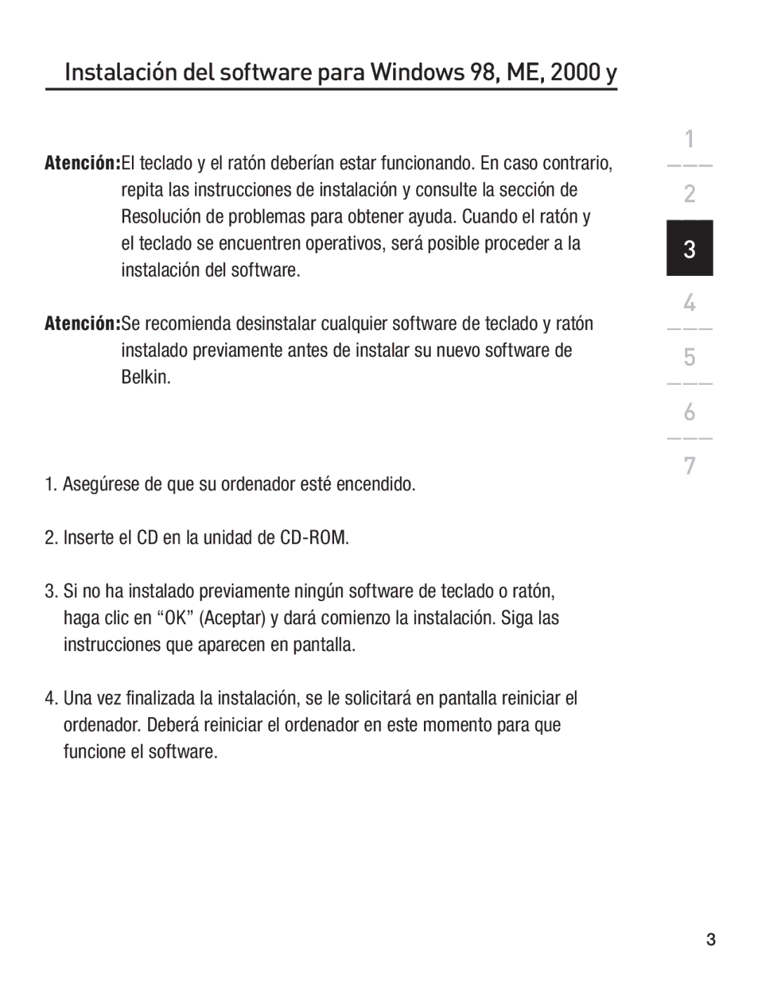 Belkin F8E846-BNDL-DB user manual Instalación del software para Windows 98, ME, 2000 y 