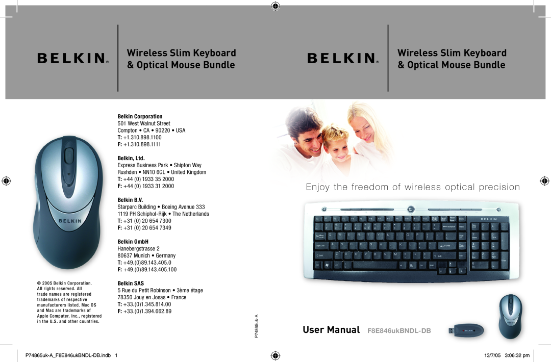 Belkin F8E846UKBNDL-DB user manual Wireless Slim Keyboard, Optical Mouse Bundle, Belkin Corporation, Belkin B.V 