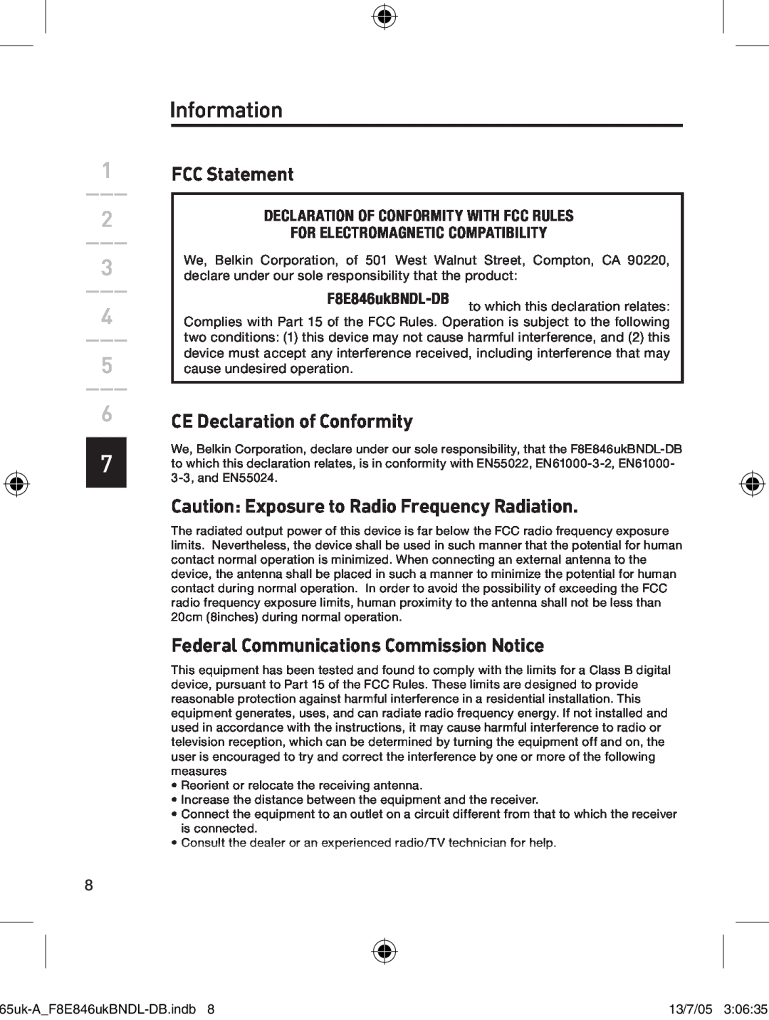 Belkin F8E846UKBNDL-DB Information, FCC Statement, CE Declaration of Conformity, Federal Communications Commission Notice 