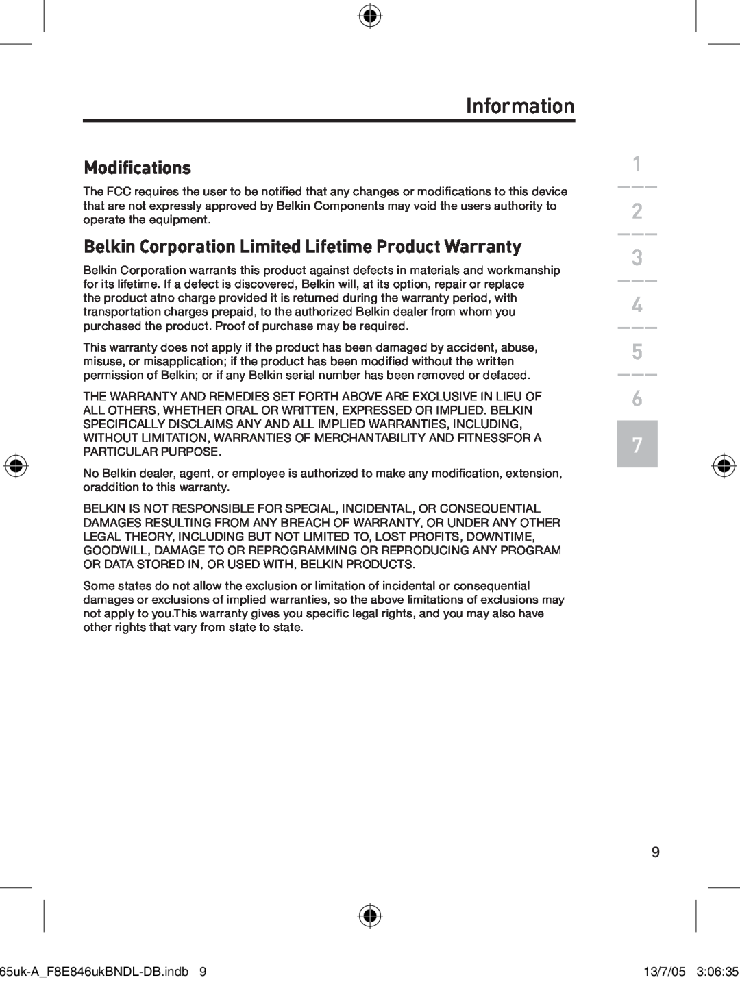Belkin F8E846UKBNDL-DB Modifications, Belkin Corporation Limited Lifetime Product Warranty, Information, 13/7/05 