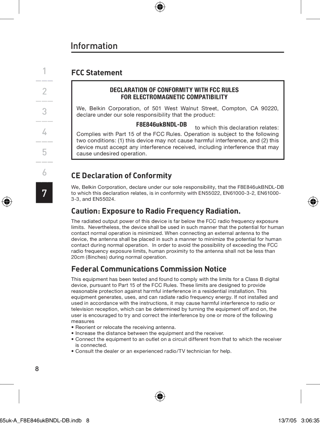 Belkin F8E846UKBNDL-DB Information, FCC Statement, CE Declaration of Conformity, Federal Communications Commission Notice 