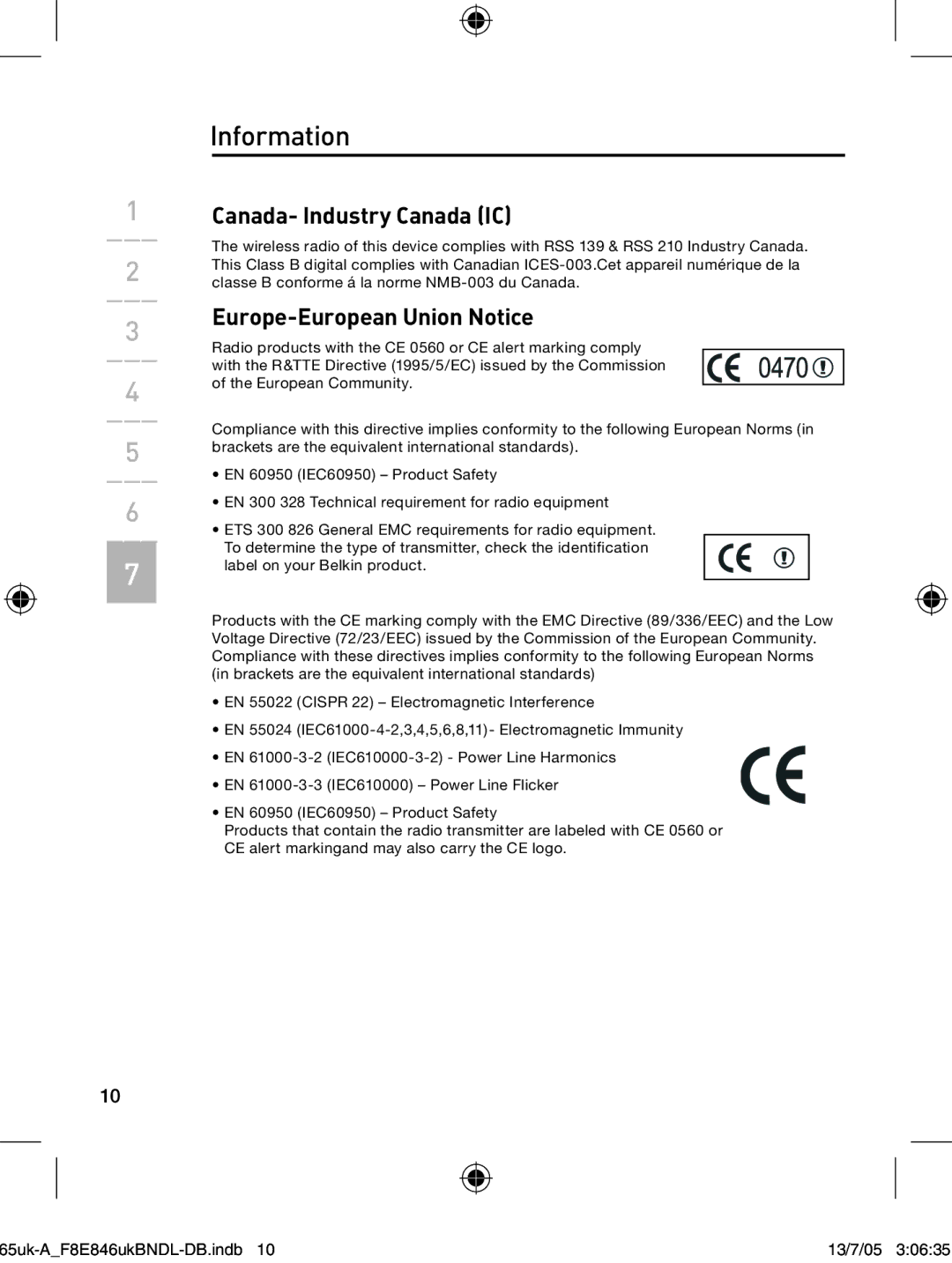 Belkin F8E846UKBNDL-DB user manual Canada- Industry Canada IC, Europe-European Union Notice 