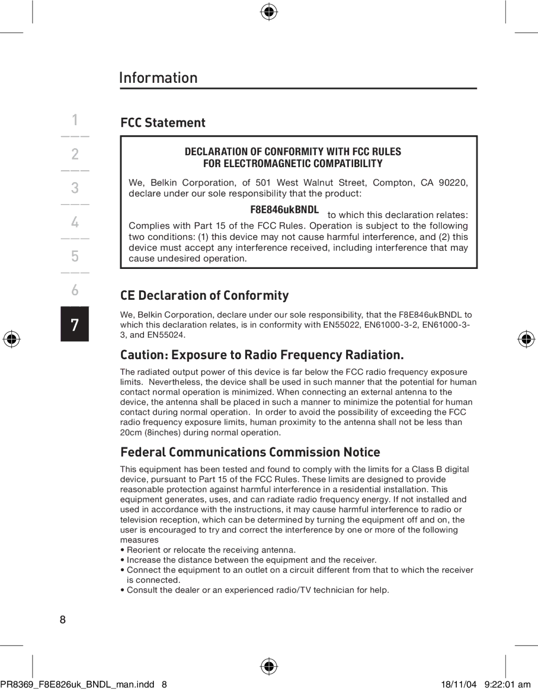 Belkin F8E846UKBNDL Information, FCC Statement, CE Declaration of Conformity, Federal Communications Commission Notice 