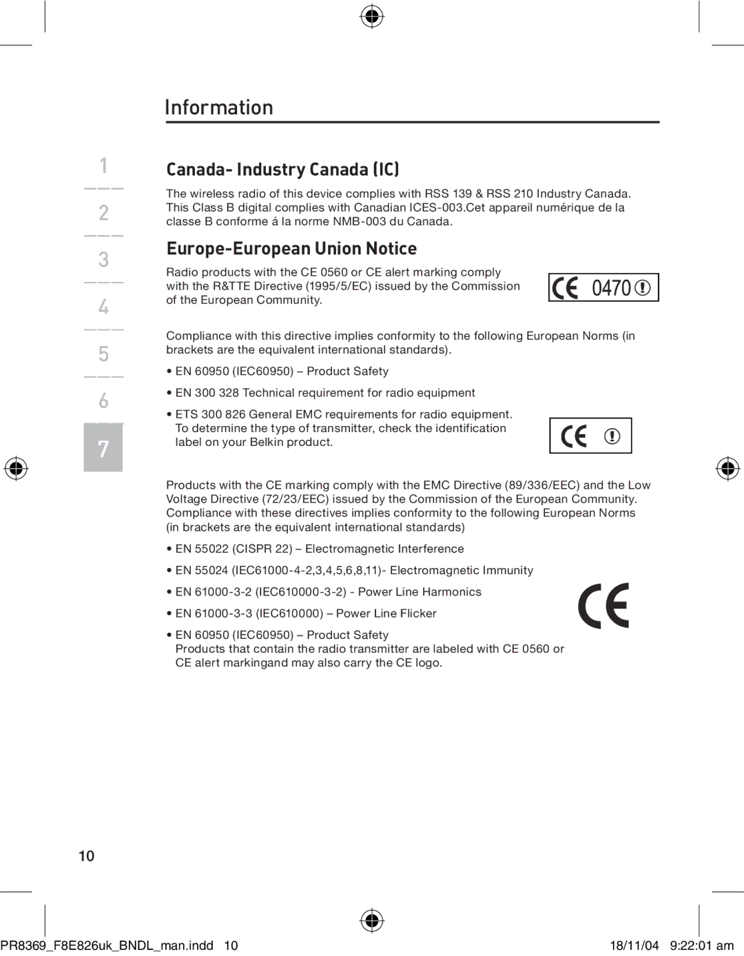 Belkin F8E846UKBNDL user manual Canada- Industry Canada IC, Europe-European Union Notice 