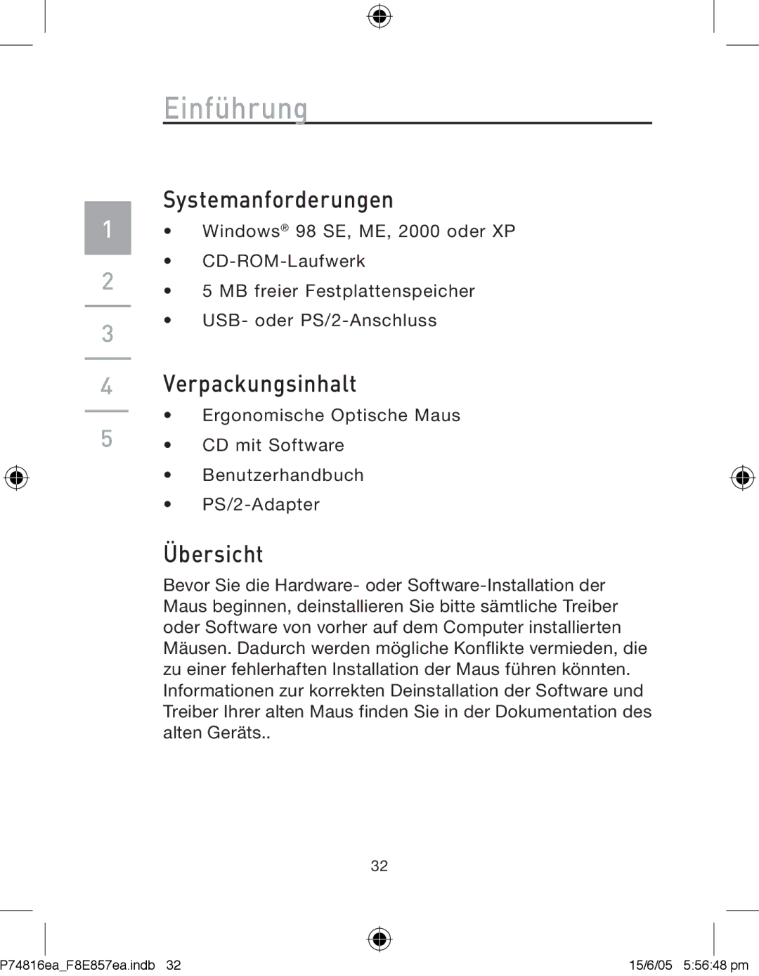 Belkin F8E857EA, P74816EA manual Einführung, Systemanforderungen, Verpackungsinhalt, Übersicht 