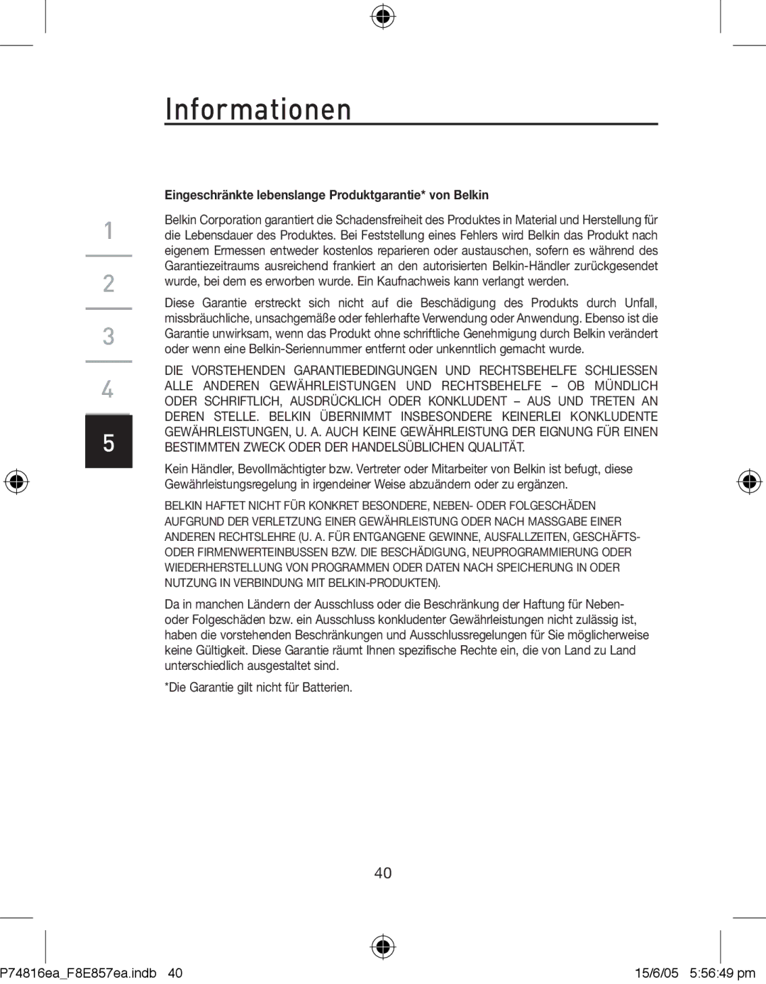 Belkin P74816EA, F8E857EA manual Informationen, Eingeschränkte lebenslange Produktgarantie* von Belkin 