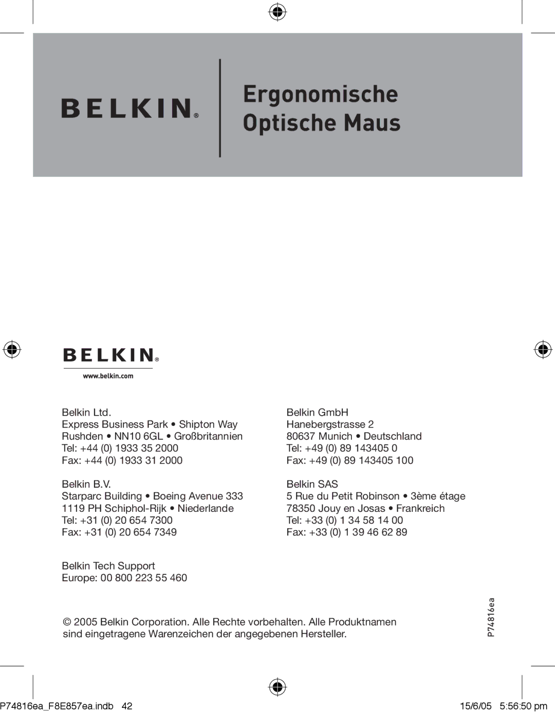 Belkin F8E857EA, P74816EA manual Ergonomische Optische Maus 