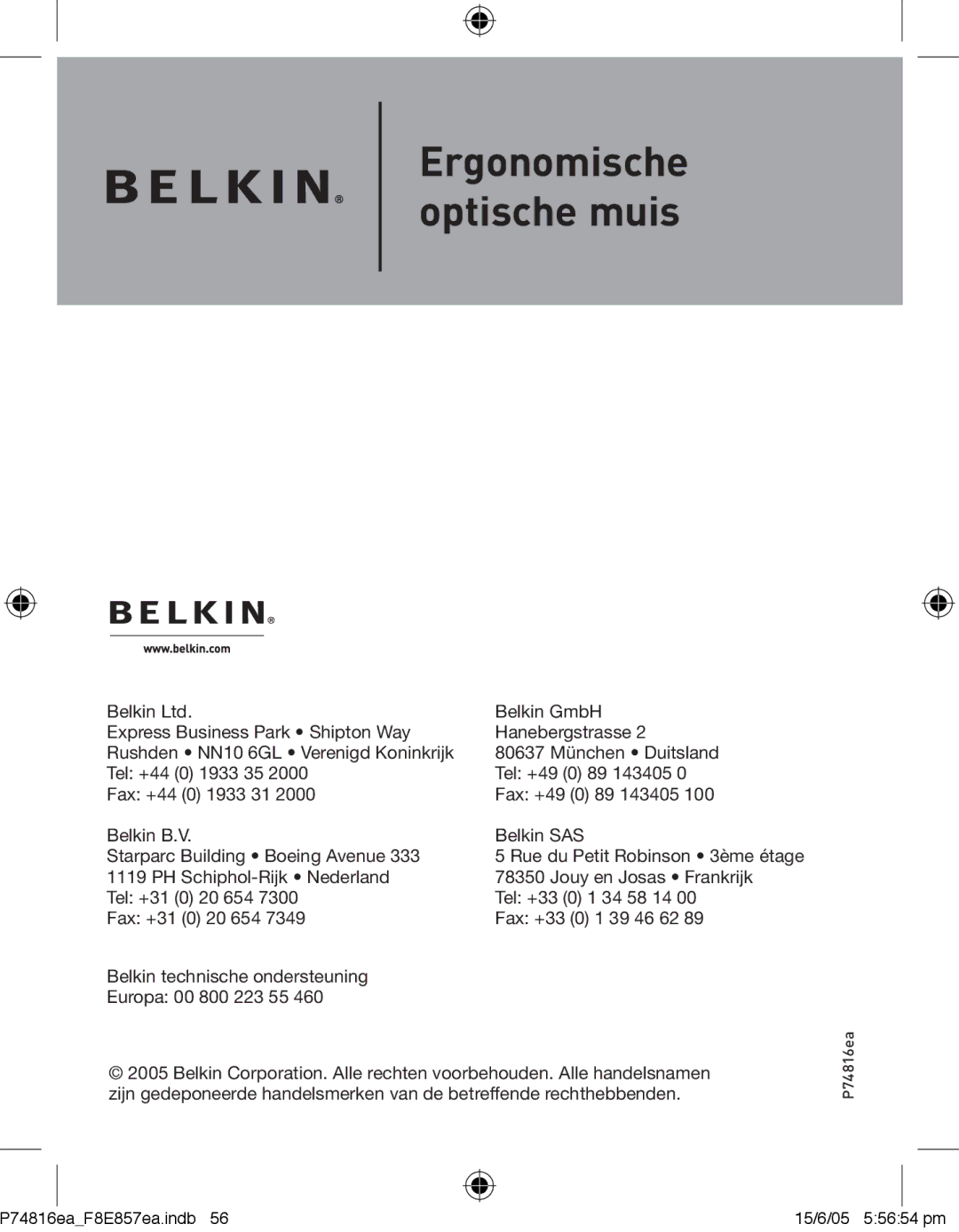 Belkin F8E857EA, P74816EA manual Ergonomische optische muis 