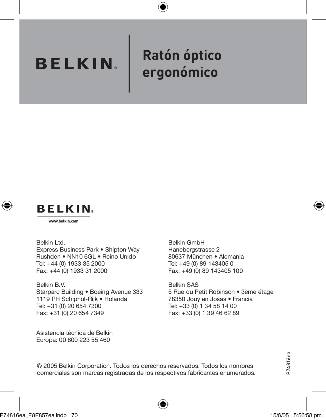 Belkin P74816EA, F8E857EA manual Ratón óptico ergonómico 