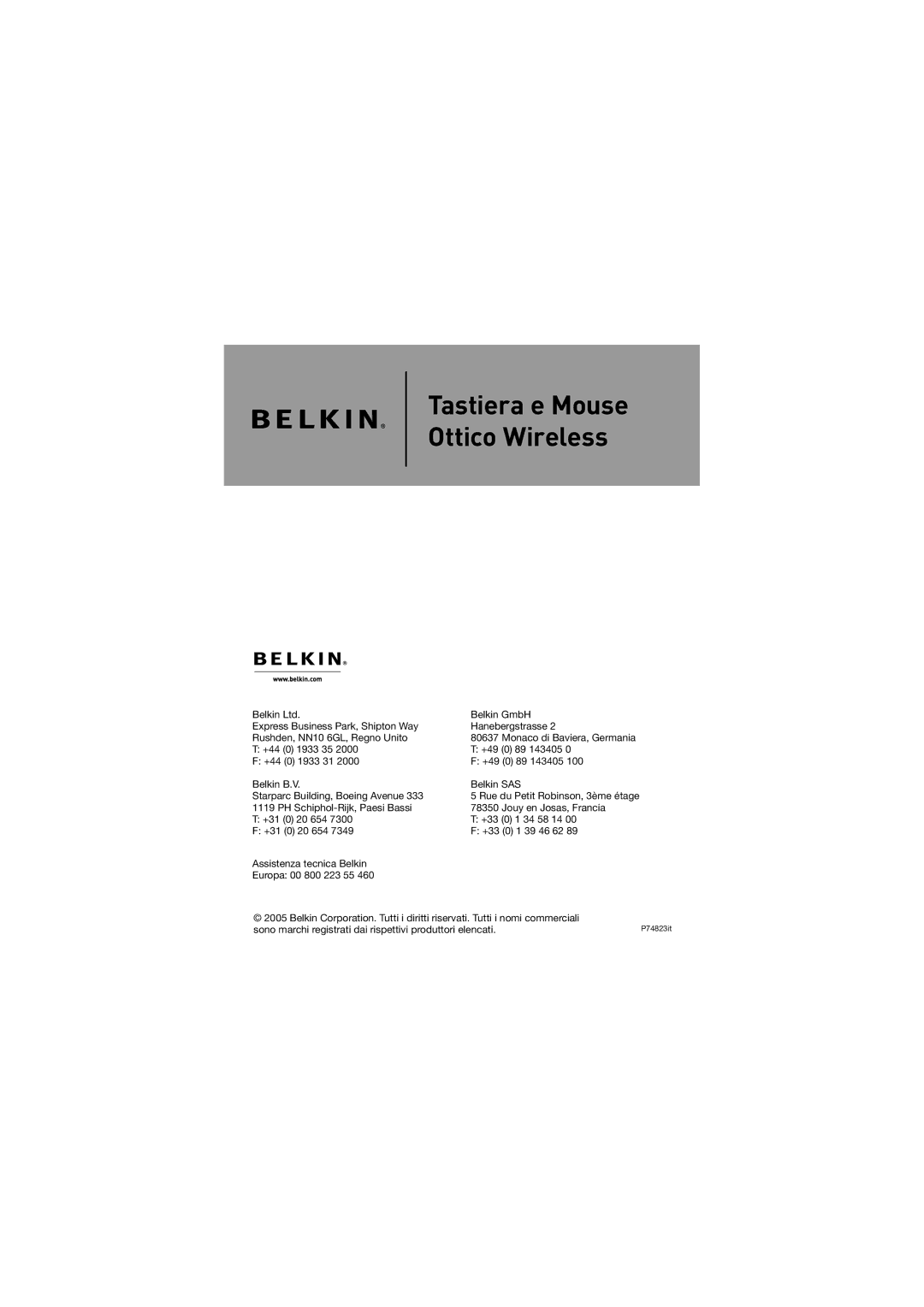 Belkin F8E858-BNDL manual Ssistenza Tecnica Elkin %UROPA    