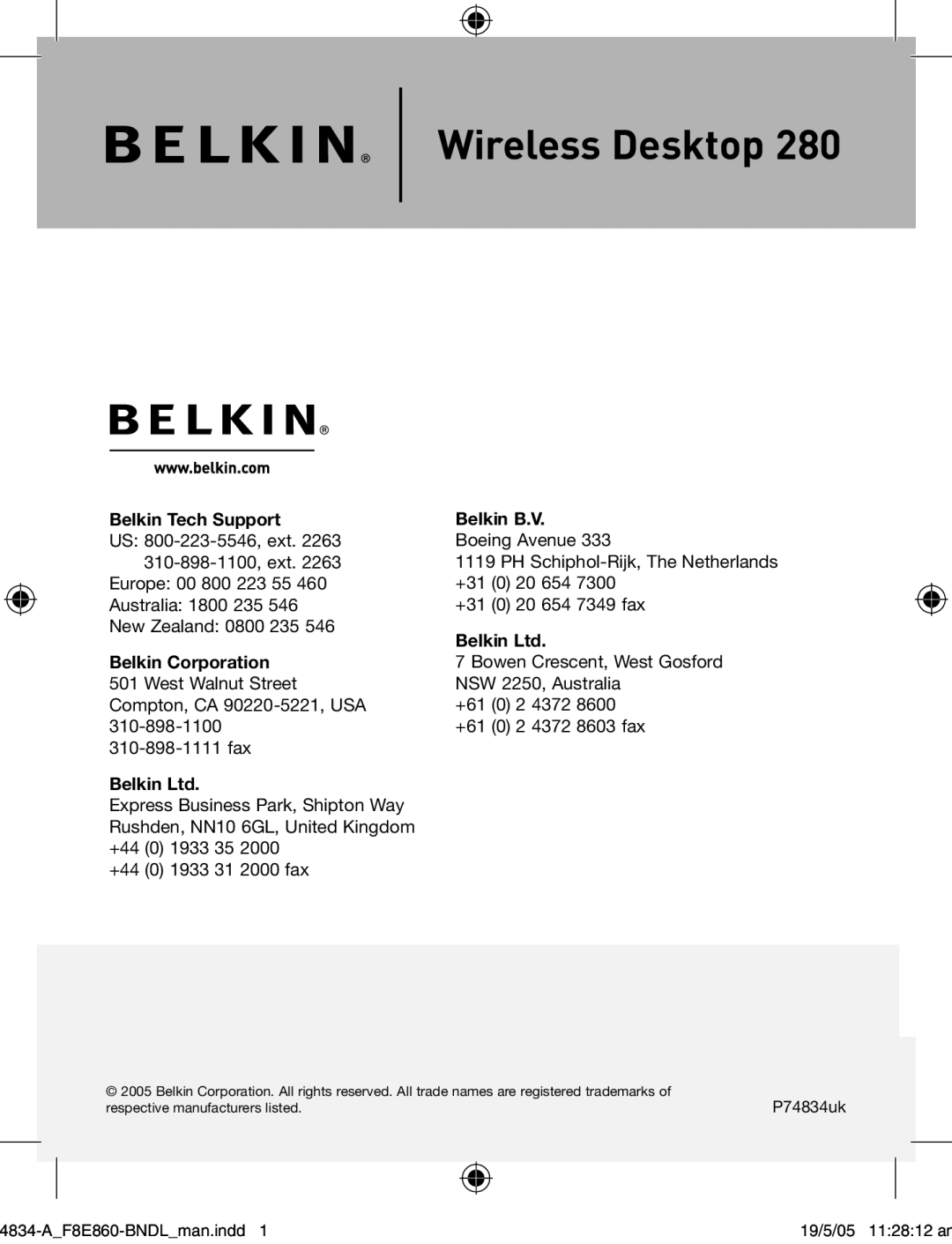 Belkin F8E860-BNDL manual Wireless Desktop, Belkin Tech Support, Belkin Corporation, Belkin B.V 