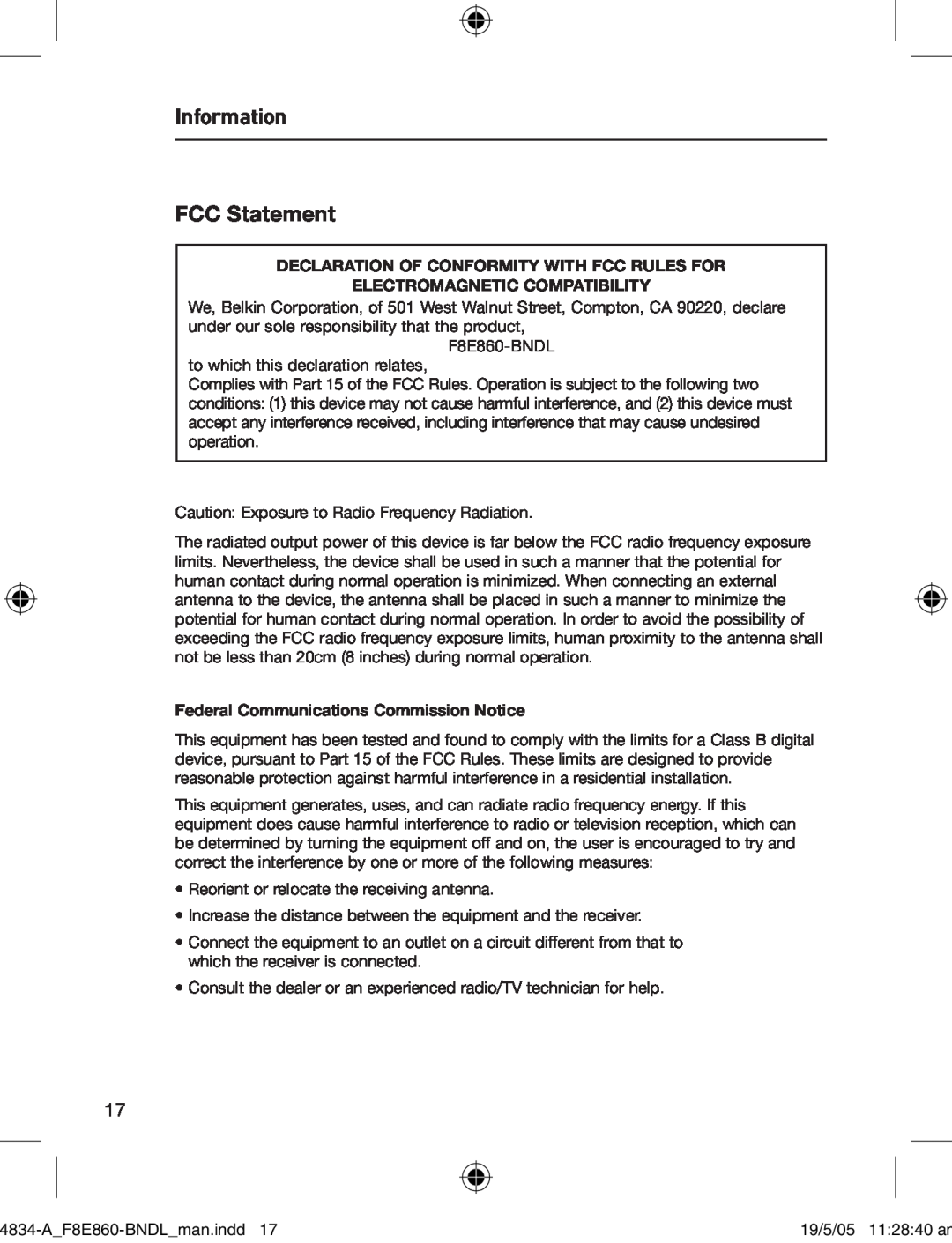 Belkin F8E860-BNDL Information FCC Statement, Declaration Of Conformity With Fcc Rules For, Electromagnetic Compatibility 