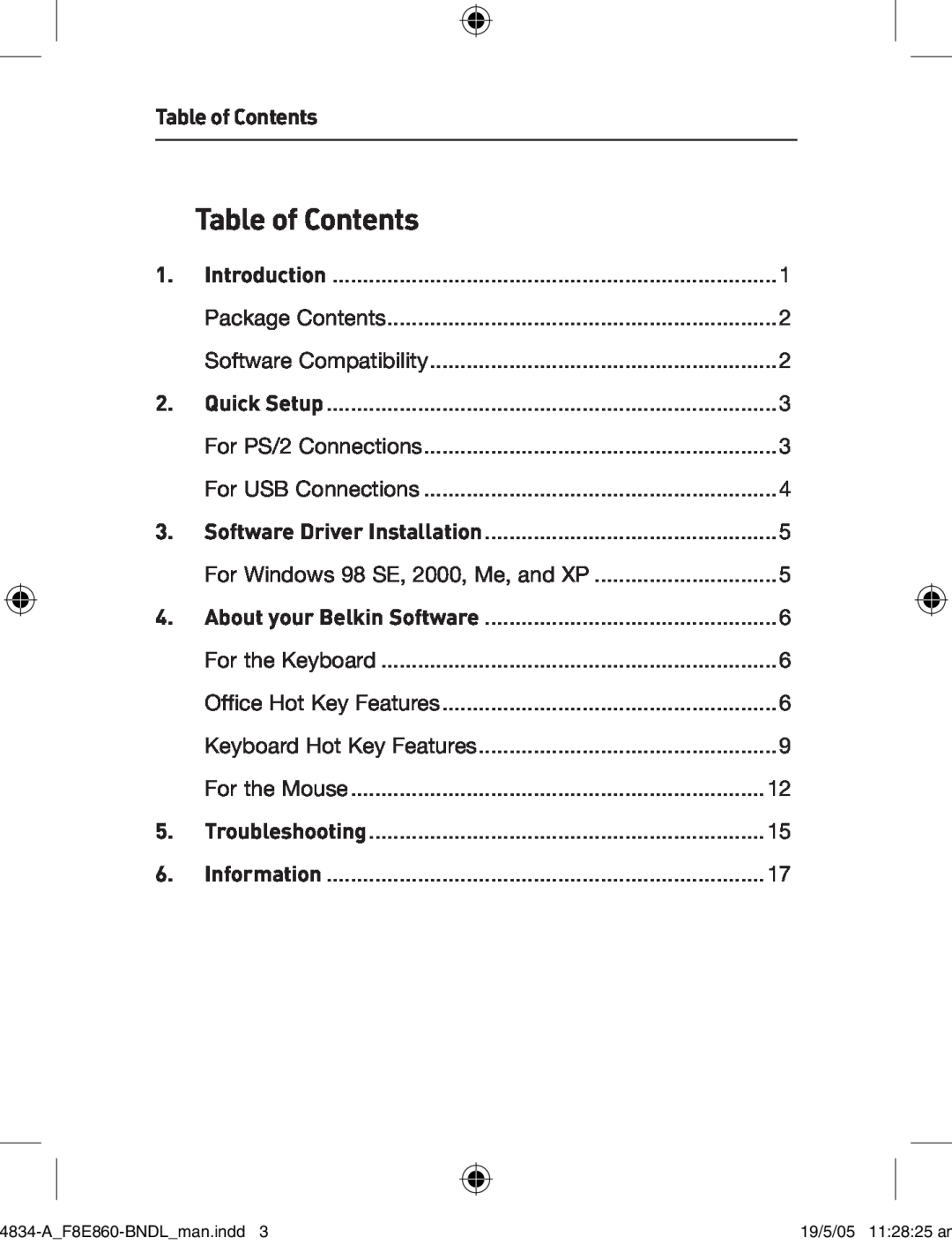 Belkin F8E860-BNDL manual Table of Contents, Software Compatibility 