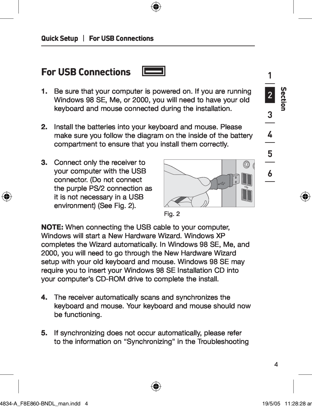 Belkin F8E860-BNDL manual Quick Setup For USB Connections 