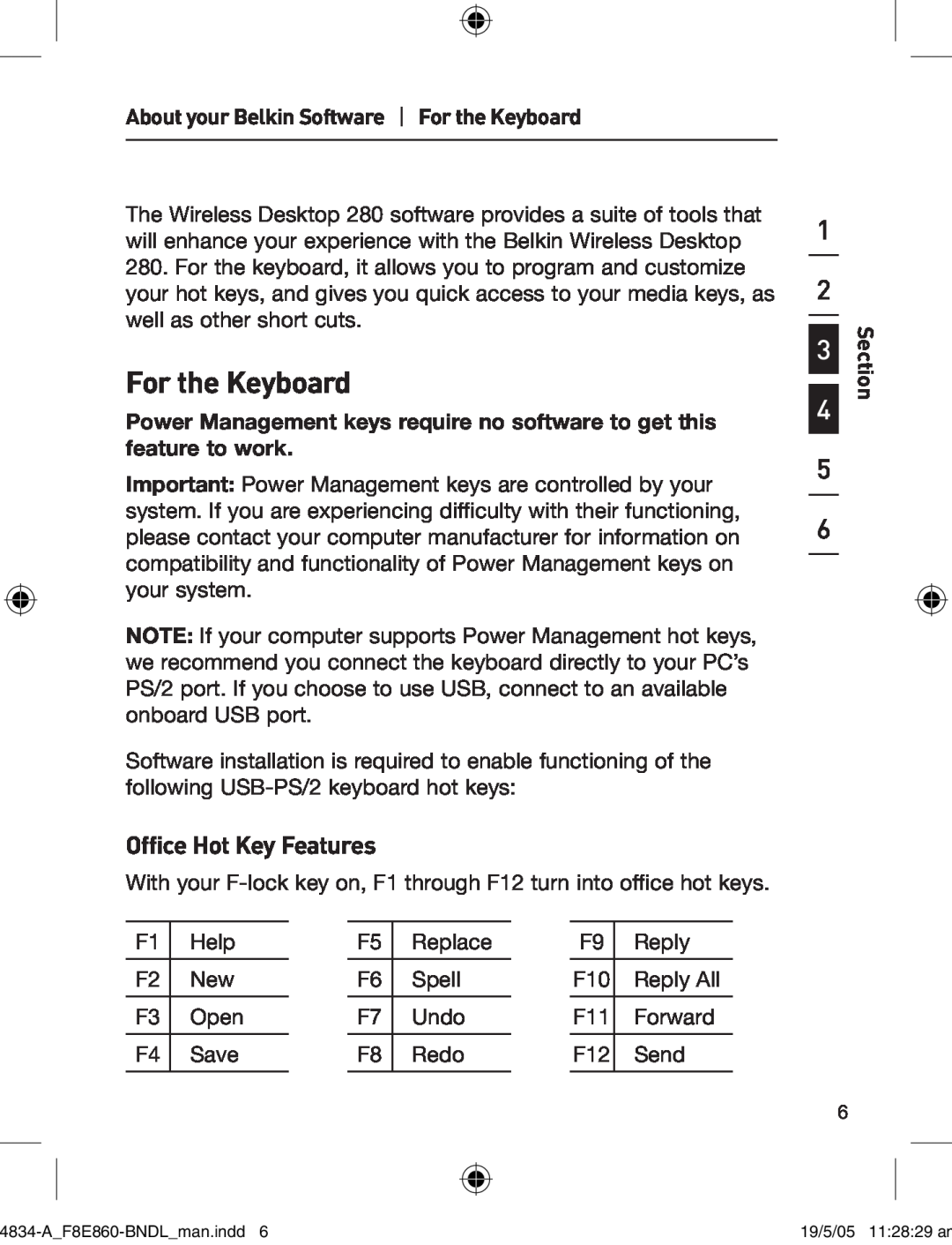 Belkin F8E860-BNDL manual Office Hot Key Features, About your Belkin Software For the Keyboard, Section 