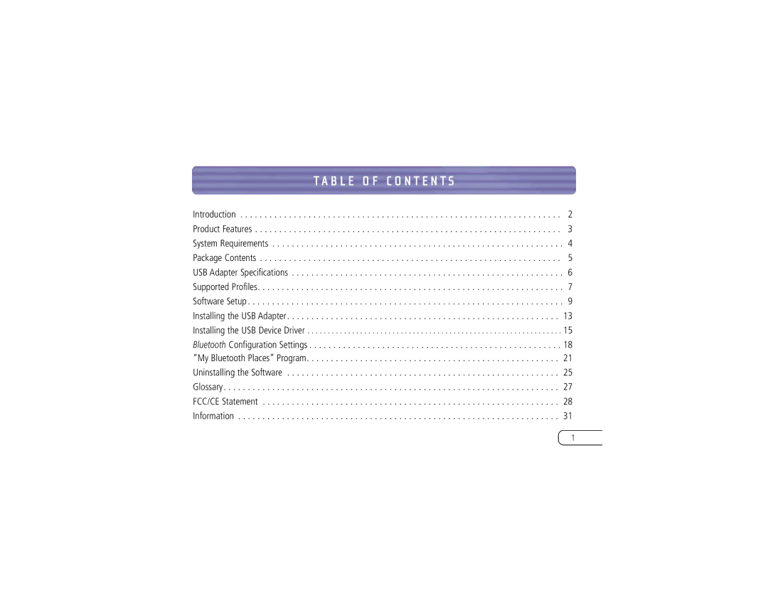 Belkin F8T001 user manual B L E O F C O N T E N T S 