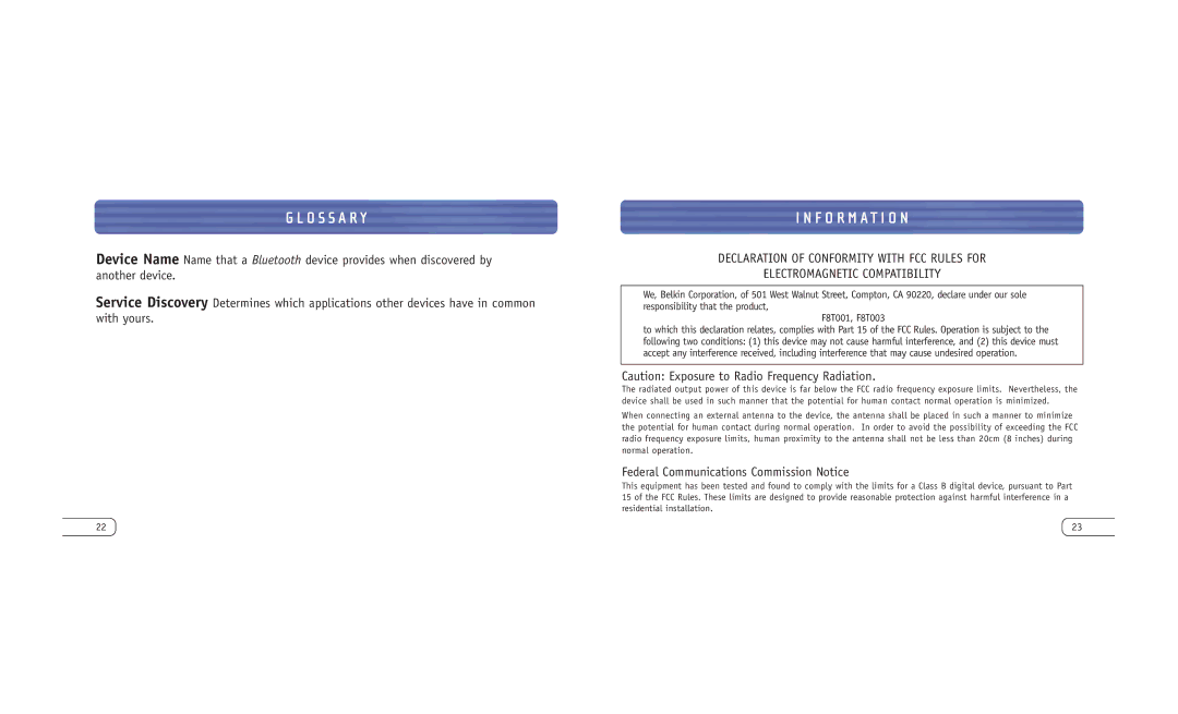 Belkin F8T003 user manual F O R M a T I O N, Federal Communications Commission Notice 