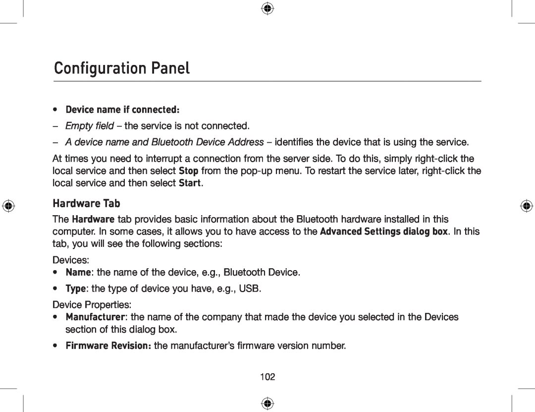Belkin F8T013, F8T012 user manual Hardware Tab, Device name if connected, Configuration Panel 