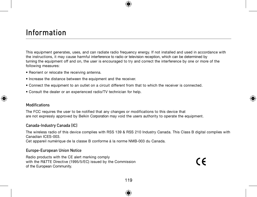 Belkin F8T012, F8T013 user manual Information, Modifications, Canada-Industry Canada IC, Europe-European Union Notice 