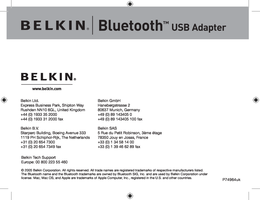 Belkin F8T013, F8T012 user manual Bluetooth USB Adapter, Rue du Petit Robinson, 3ème étage 