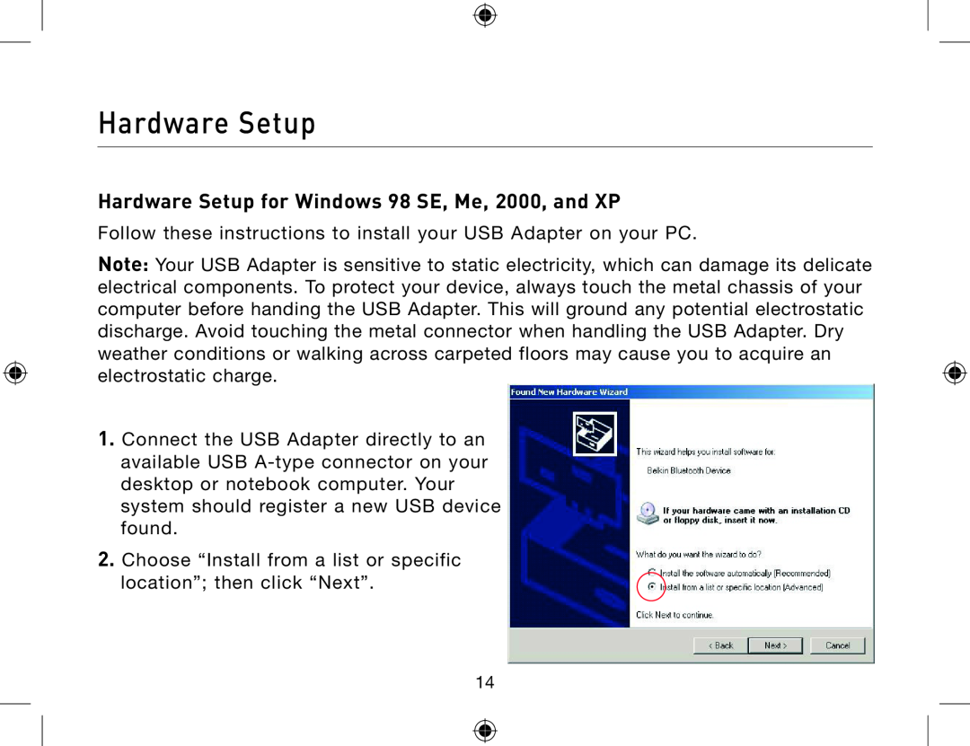 Belkin F8T013, F8T012 user manual Hardware Setup for Windows 98 SE, Me, 2000, and XP 