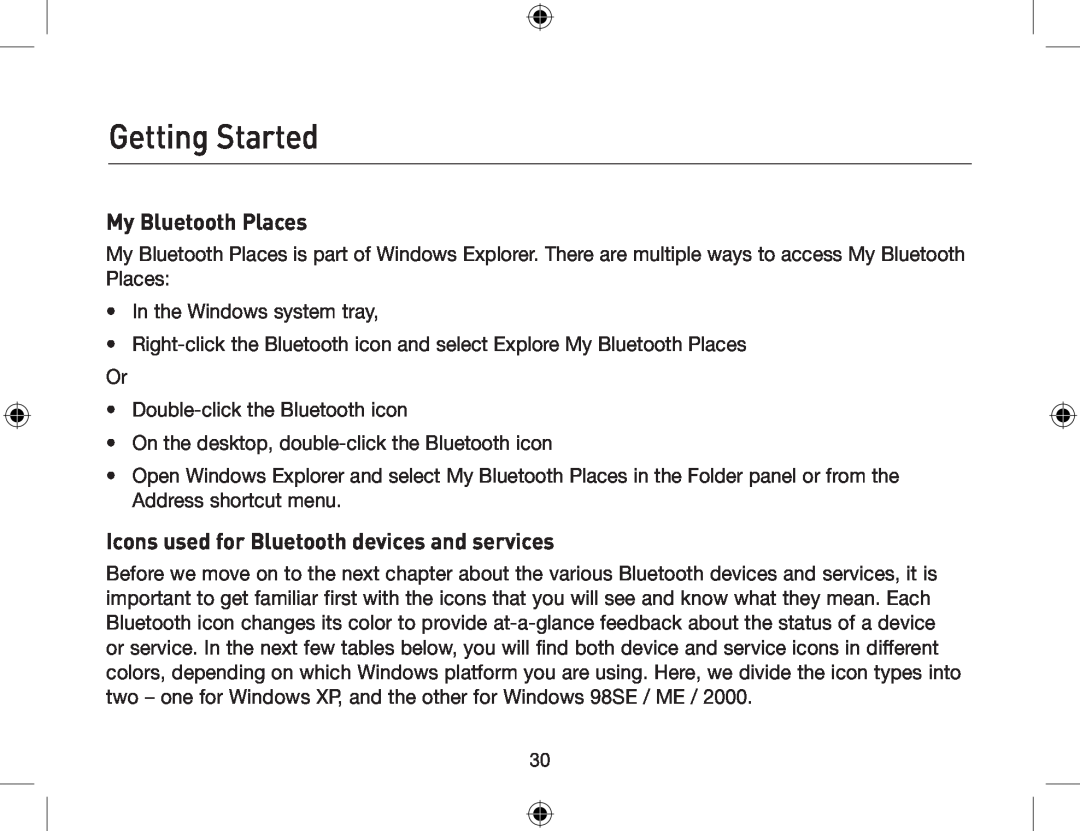 Belkin F8T013, F8T012 user manual My Bluetooth Places, Icons used for Bluetooth devices and services, Getting Started 