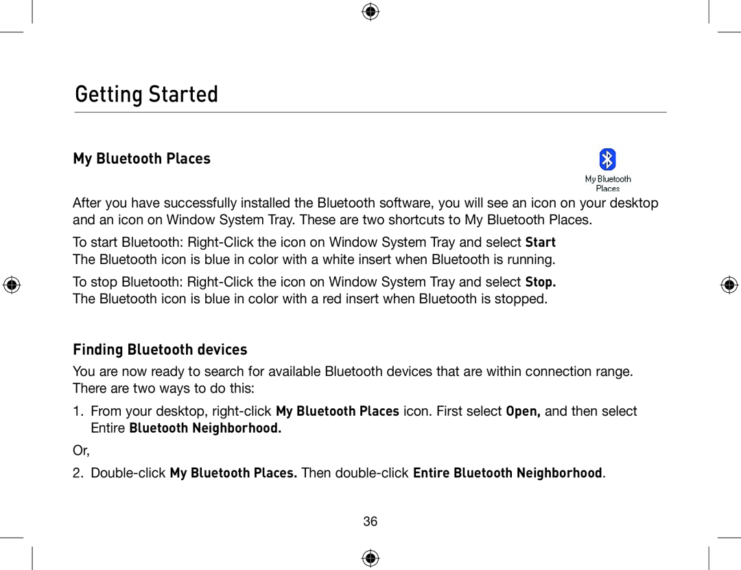 Belkin F8T013, F8T012 user manual Finding Bluetooth devices, Getting Started, My Bluetooth Places 