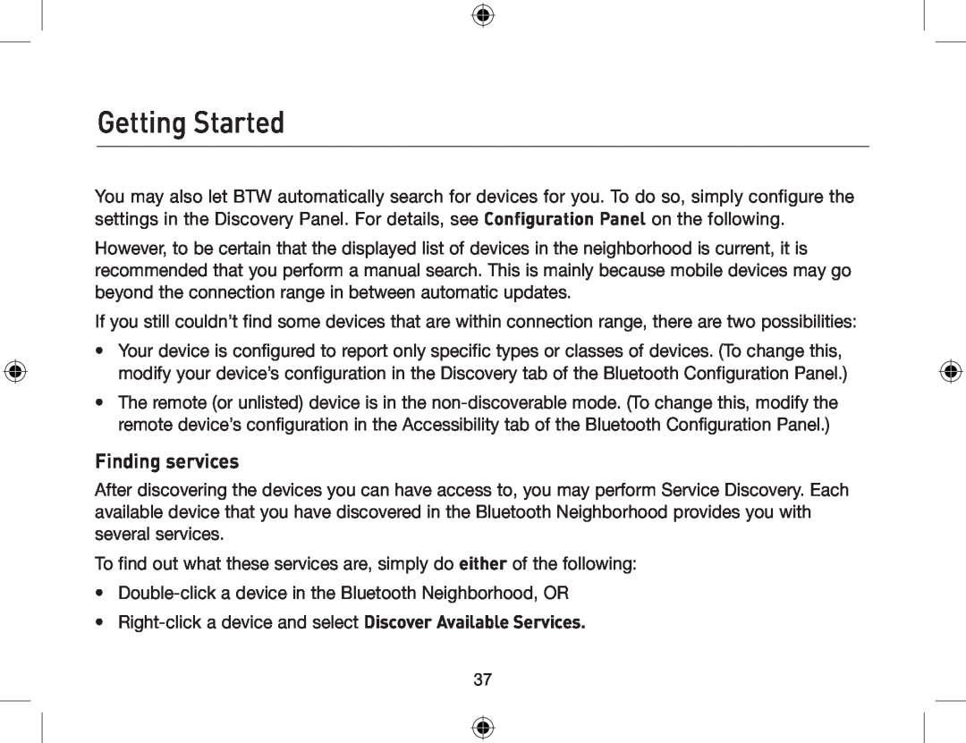 Belkin F8T012, F8T013 user manual Finding services, Getting Started 
