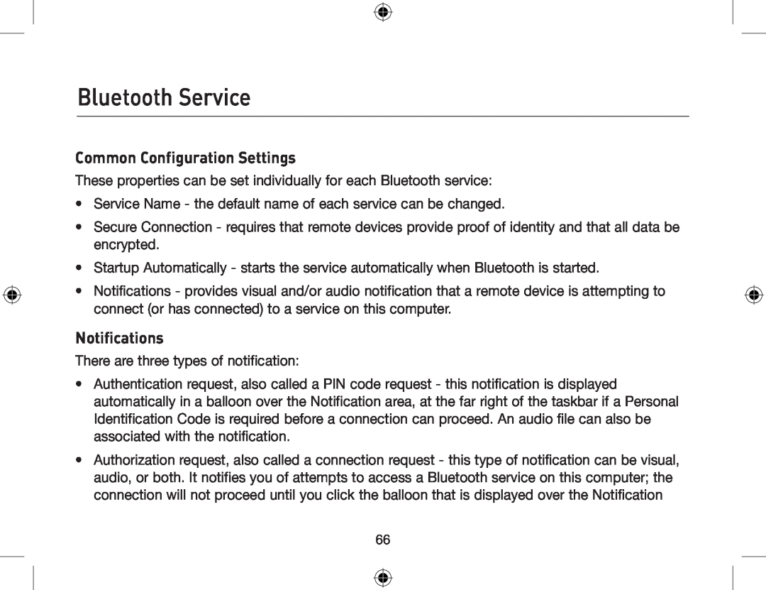 Belkin F8T013, F8T012 user manual Bluetooth Service, Common Configuration Settings, Notifications 