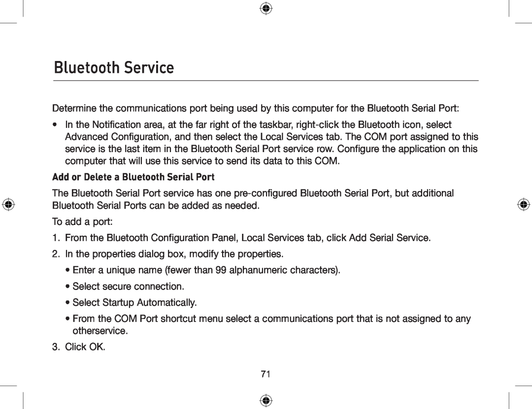 Belkin F8T012, F8T013 user manual Add or Delete a Bluetooth Serial Port, Bluetooth Service 