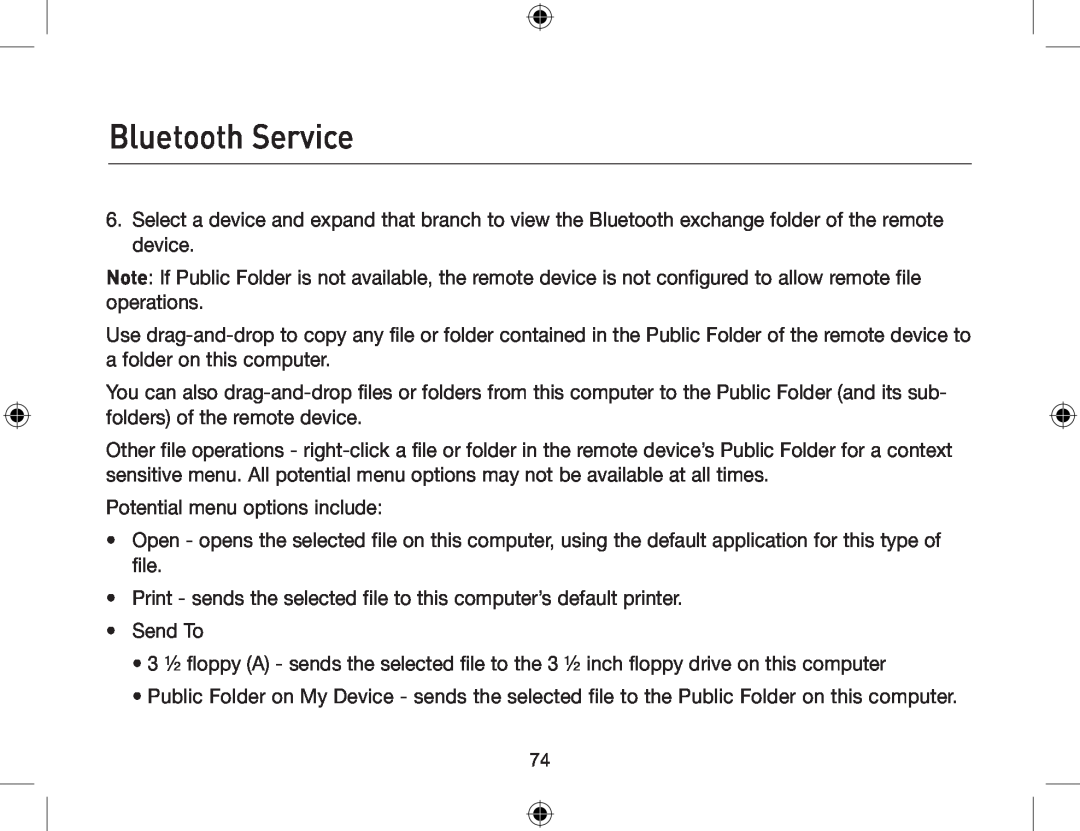 Belkin F8T013, F8T012 user manual Bluetooth Service, Potential menu options include 