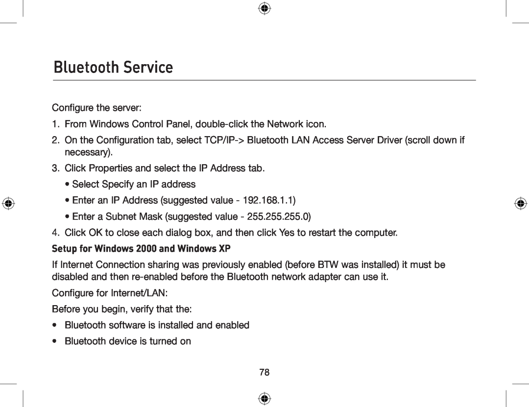 Belkin F8T013, F8T012 user manual Setup for Windows 2000 and Windows XP, Bluetooth Service 