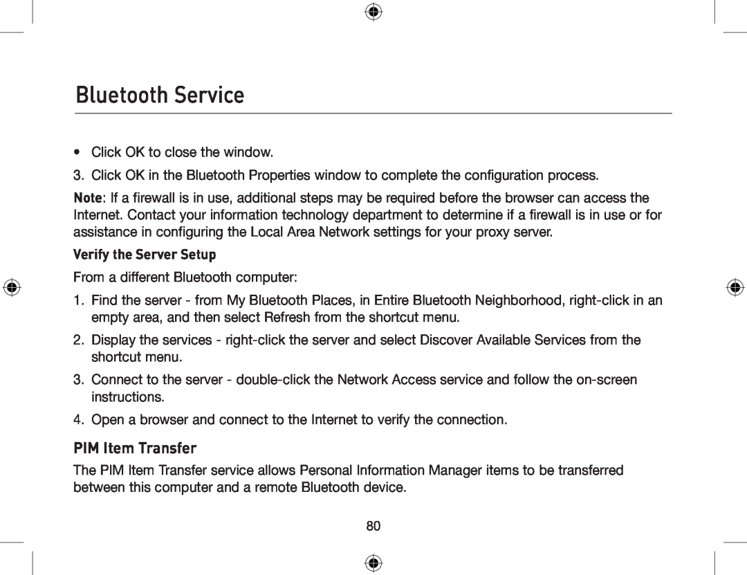 Belkin F8T013, F8T012 user manual PIM Item Transfer, Verify the Server Setup, Bluetooth Service 