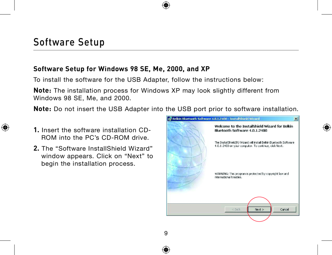 Belkin F8T012, F8T013 user manual Software Setup for Windows 98 SE, Me, 2000, and XP 