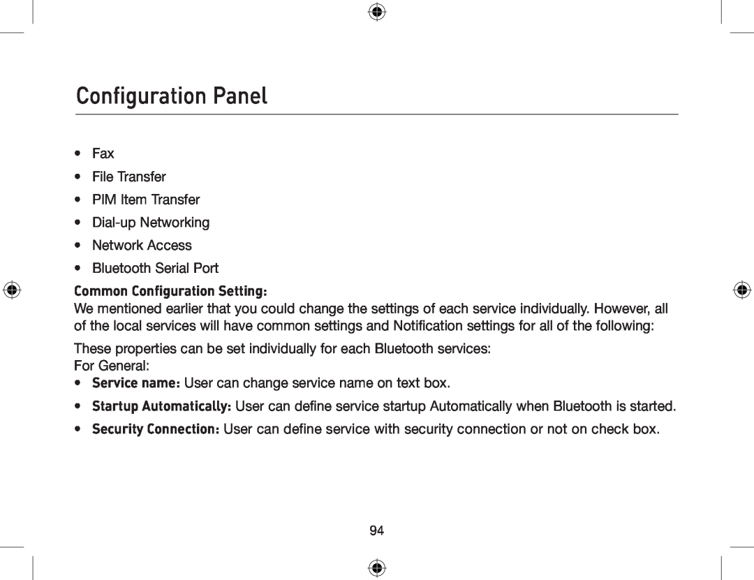 Belkin F8T013, F8T012 user manual Common Configuration Setting, Configuration Panel 