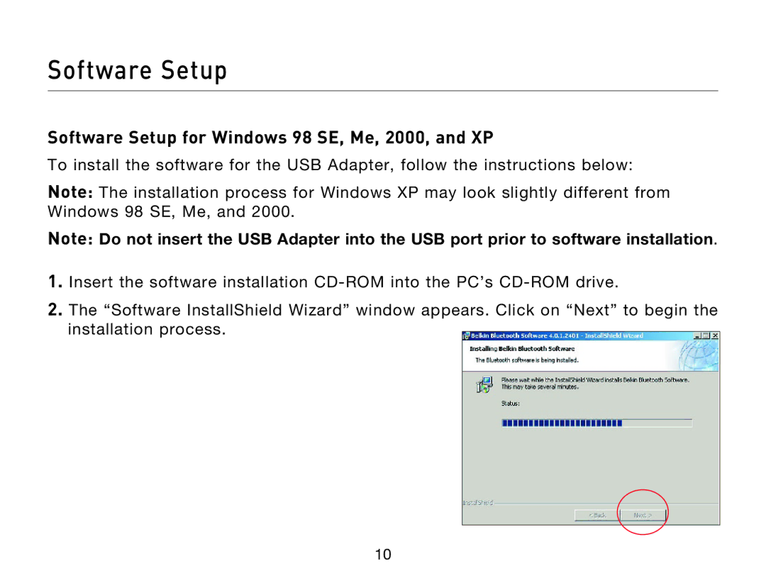 Belkin F8T013, F8T012 user manual Software Setup for Windows 98 SE, Me, 2000, and XP 