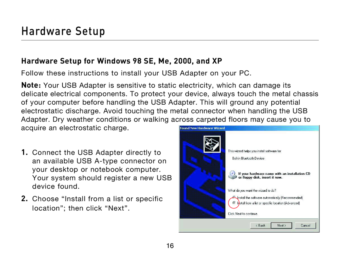 Belkin F8T013, F8T012 user manual Hardware Setup for Windows 98 SE, Me, 2000, and XP 