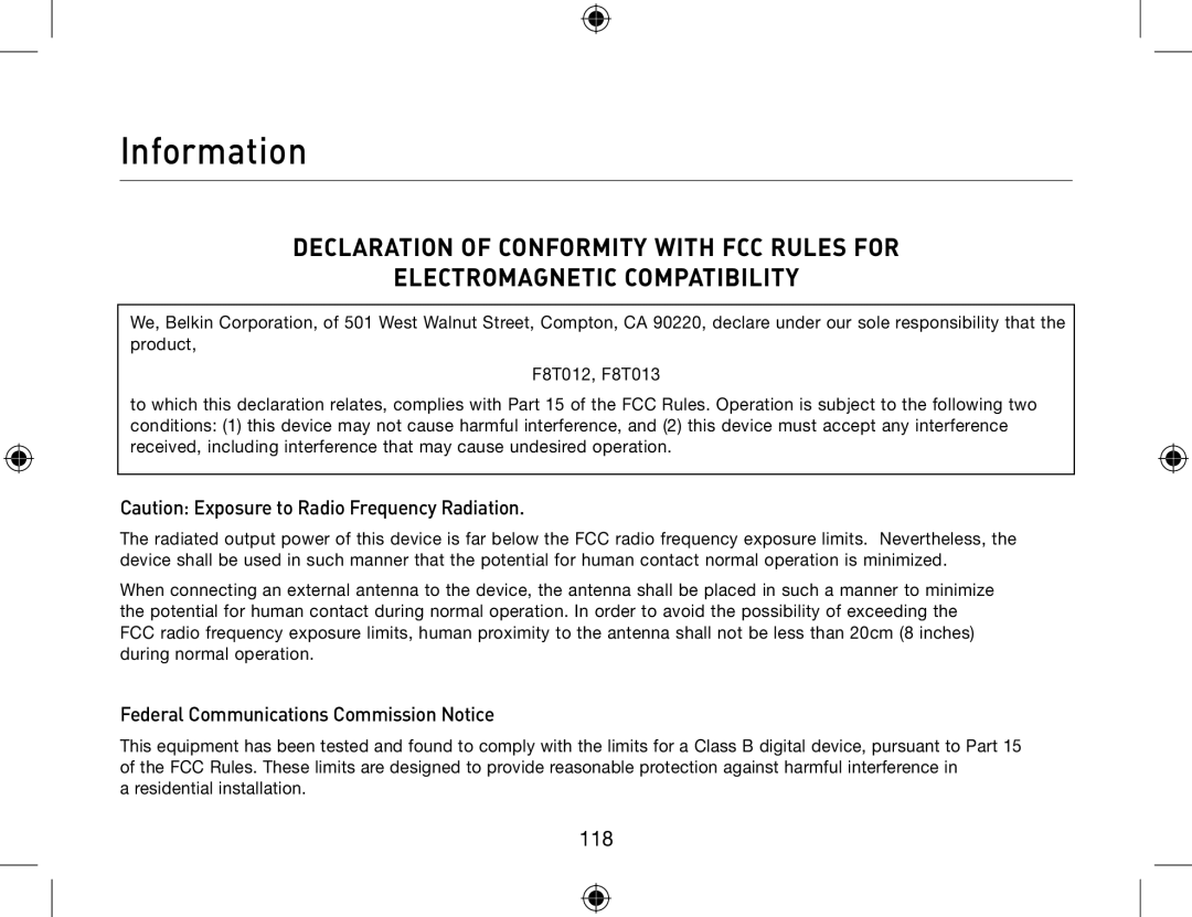 Belkin F8T013, F8T012 user manual Information, Federal Communications Commission Notice 