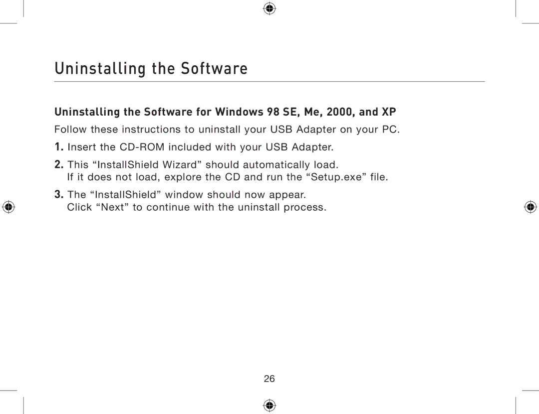 Belkin F8T013, F8T012 user manual Uninstalling the Software 