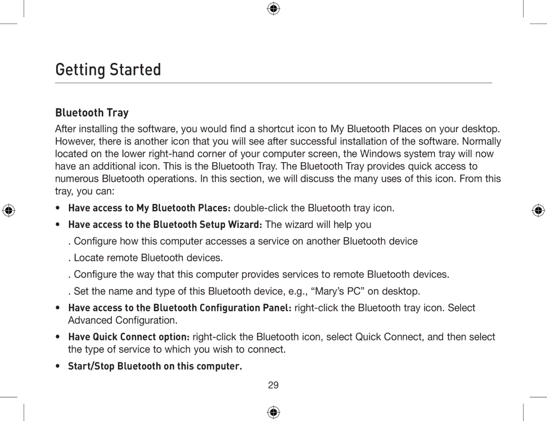 Belkin F8T012, F8T013 user manual Bluetooth Tray, Start/Stop Bluetooth on this computer 